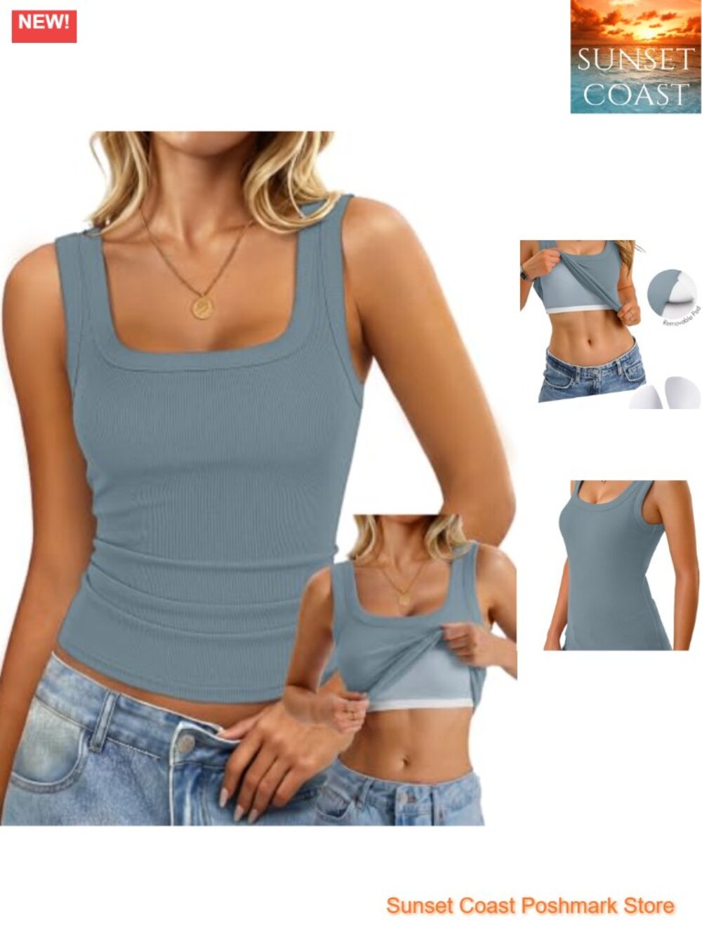 Women's Built in Bra Tank Ribbed Square Neck Racerback Sleeveless Top